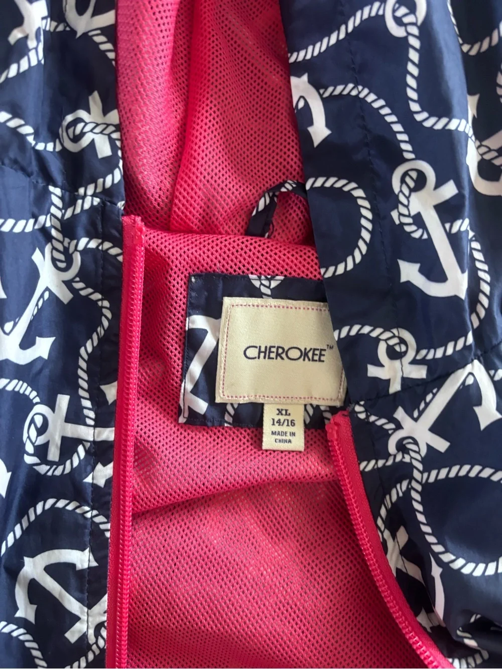 Kids Navy Anchor Print Hooded Jacket with Red Trim